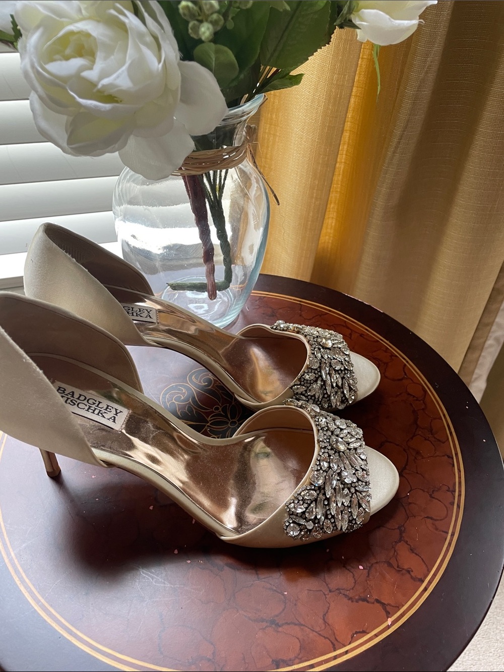 Badgley Mischka Ivory Satin Jeweled Open-Toe Heels